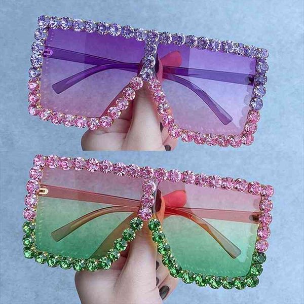 

brand big rectangle sunglasses women purple pink shades for women 90s square rhinestone sun glasses gradient frame, White;black