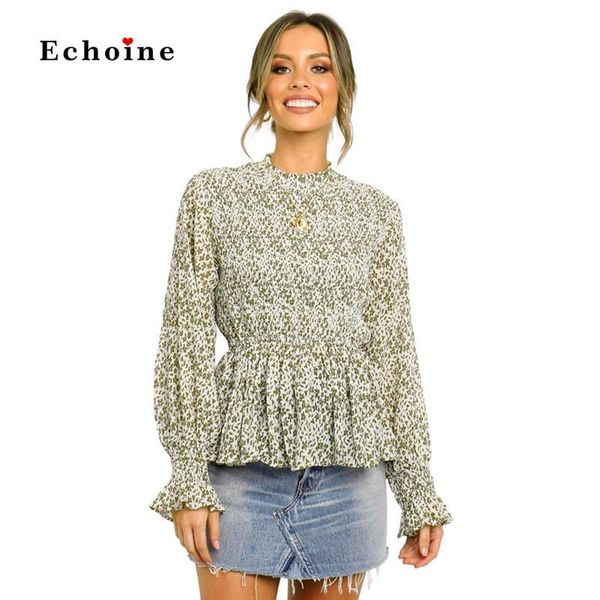 

women high neck boho sweet blouse fashion shirts long sleeve shirred cuff floral print elasticised waist casual streetwear women's blo, White