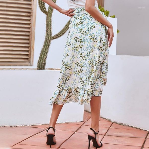 

woman cottagecore floral high waist a line split skirts fashion tied wrap ruffle long black chiffon skirt 2021 spring summer