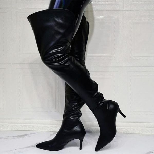 

boots big solid black over knee high thin heel pointy toe back zipper women's thigh long size 45