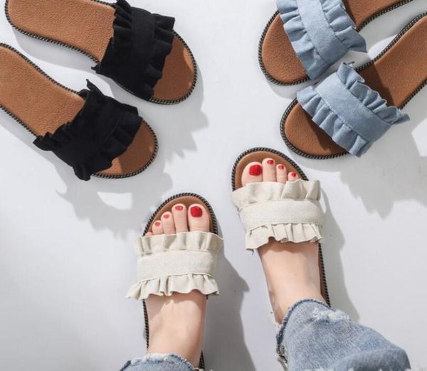 

spring and summer sweet laciness slippers flat with casual female sandals wear non-slip canvas shoes, Black