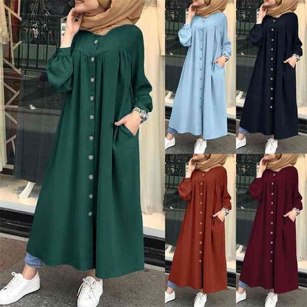 

plus size muslim dresses woman shirt dress long sleeve maxi vestidos female button robe high wasit solid sundress 210701, Black;gray