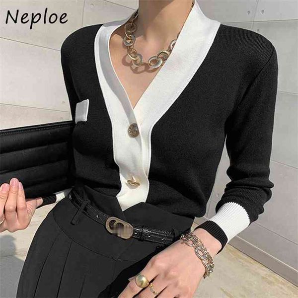 

hit color patchwork knit pullover sweater women v neck long sleeve pull femme spring ol sueter feminino 210422, White;black