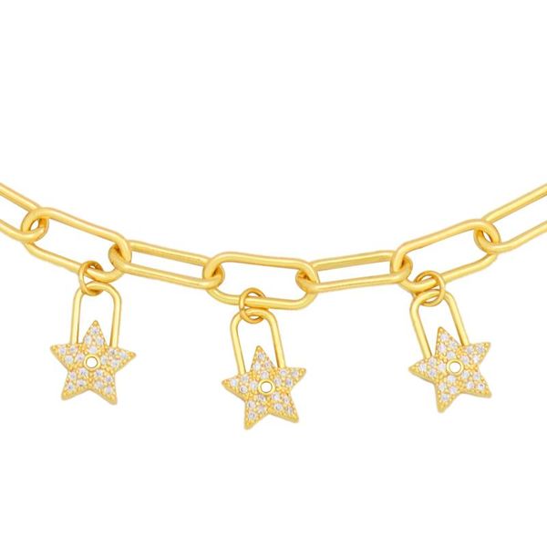 

white crystal pentagon-star lock necklace female cz stars chocker gold chain party jewelry collares para mujer chains, Silver