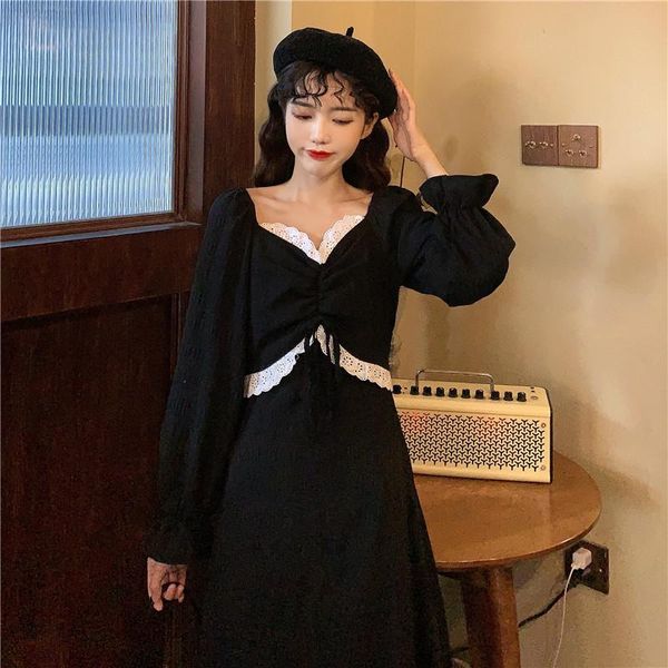 

autumn women's clothing black gothic dress women designer lace-up midi chic casual korean style party vintage dresses, Black;gray