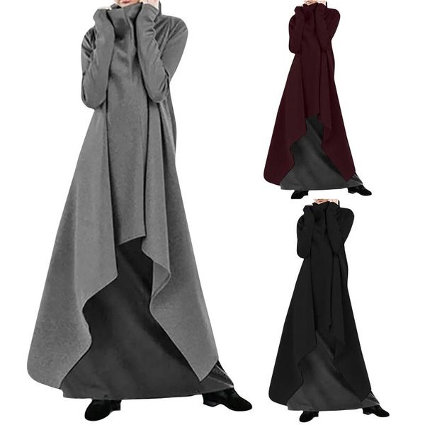 

casual dresses women's loose irregular solid color robe sweatshirt turtleneck pullover dress ethnic holiday style refreshing stmosphere, Black;gray