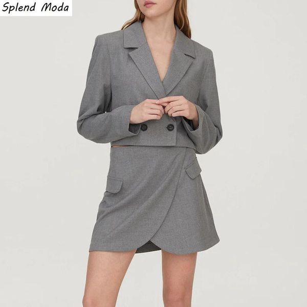 

women's suits & blazers 2021 autumn women fashion grey two buttons loose short lapel blazer jacket + mini skirt chic set casual solid c, White;black