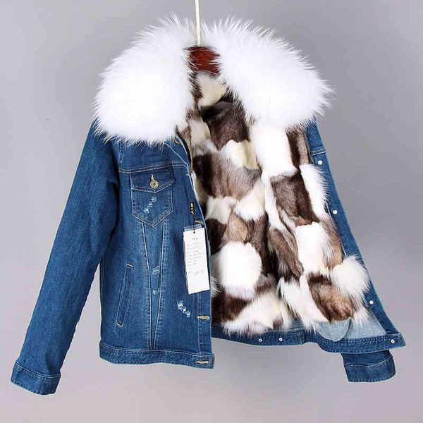 

women's wool & blends parka coat women natural raccoon fur collar jeans jacket real liner short denim fashion bomber winter pw, Black