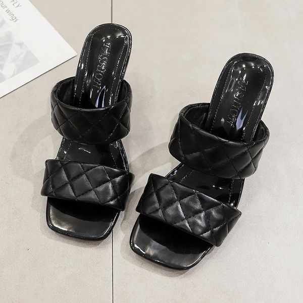 

ciabatte 2021 brand design women slipper elegant square toe high heels sandal shoes quality outdoor slip on dress slippers, Black