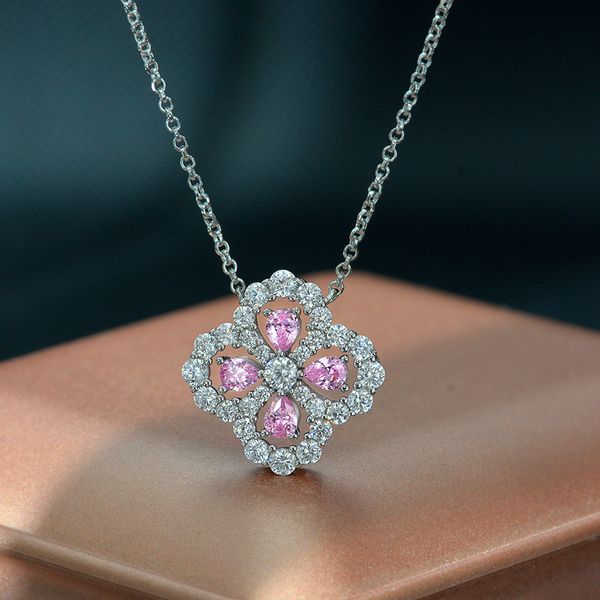 

flower pink diamond pendant 100% real 925 sterling silver party wedding pendants necklace for women bridal chocker jewelry