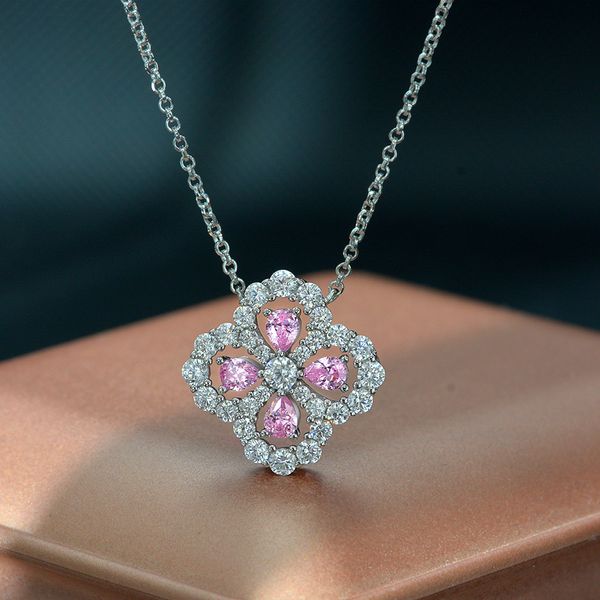 Ciondolo con diamanti rosa fiore 100% vero argento sterling 925 collana con ciondoli da sposa per feste da donna gioielli chocker da sposa