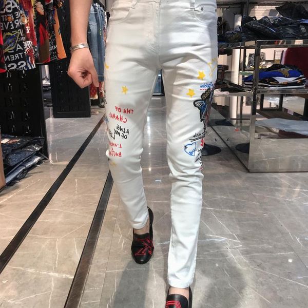 

men's jeans ripped for men 2021 spring embroidery print slim stretch korean trend brand fashion graphic erkek kot pantolon, Blue