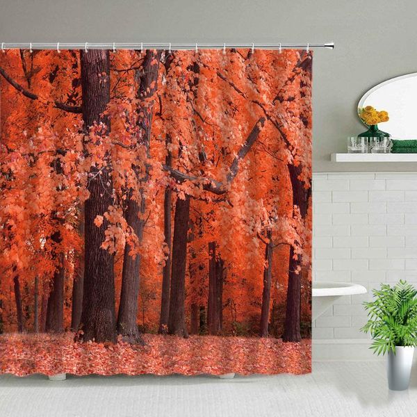 

shower curtains red forest landscape waterfall zen stone plant tree scenery bathtub decor waterproof cloth curtain with hooks