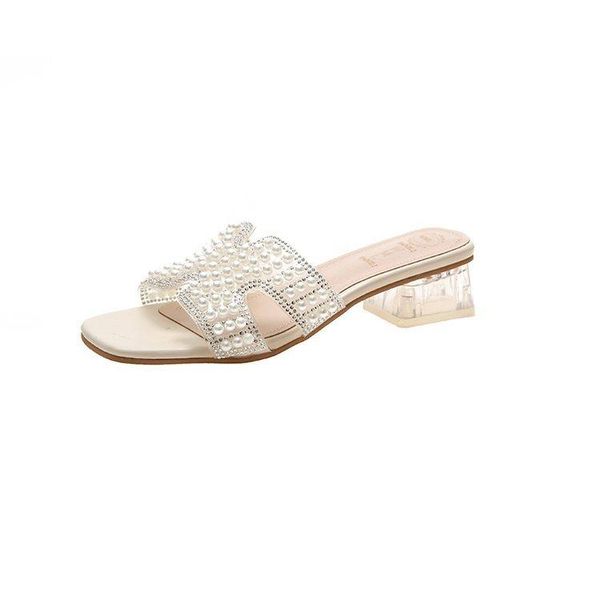 

summer women crystal pearl slippers female transparent heels fashion slides ladies casual sweet outside, Black