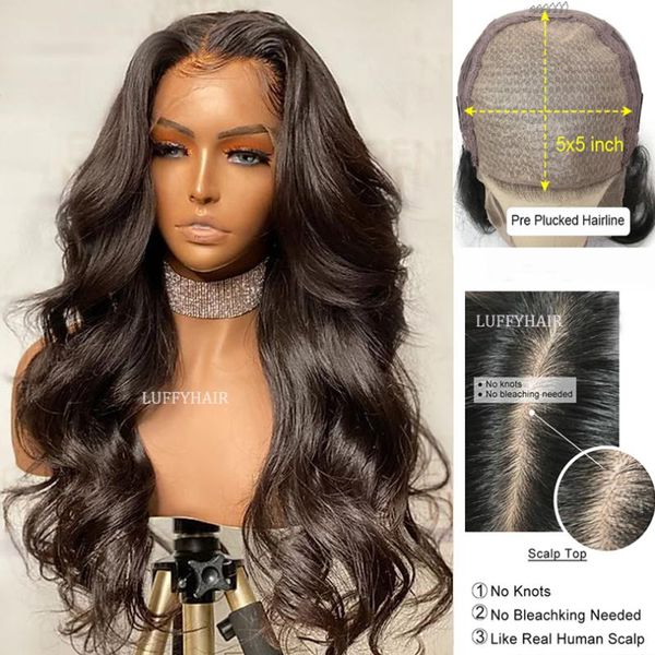 

lace wigs luffyhair wavy human hair with baby glueless 5x5 silk base 150% density brazilian fake scalp front, Black;brown