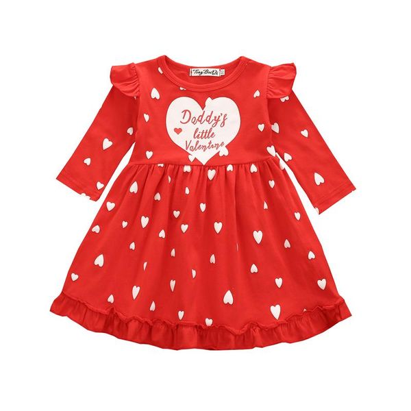 Abiti da ragazza Vestito da San Valentino Vestiti da bambina Vestiti da ragazza Manica lunga Stampa a cuore increspato Principessa (Il piccolo San Valentino di papà)