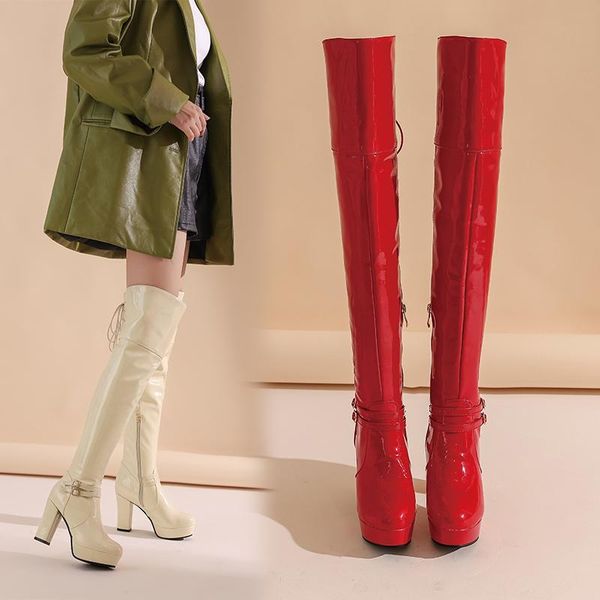 

boots 2021 autumn and winter over the knee motorcycle fashion patent leather women, Black