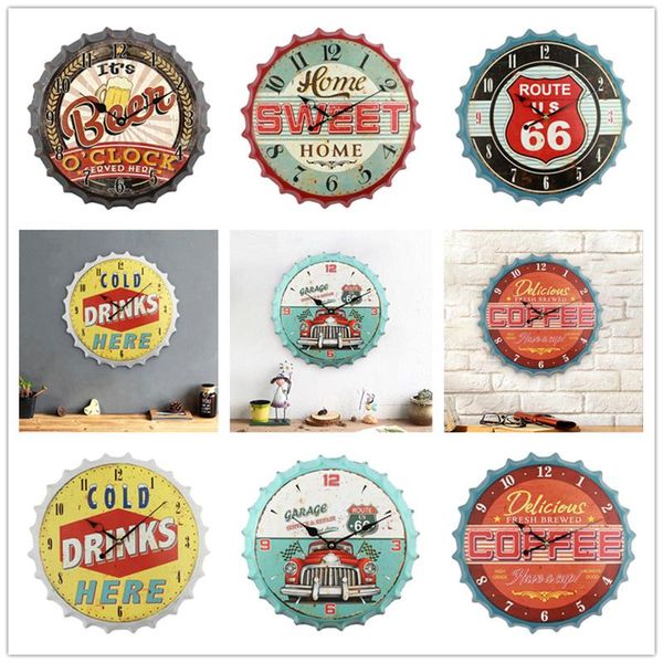 

wall clocks bottle cap metal clock 3d vintage industry country style silent quartz hanging pared bar decoration living room home