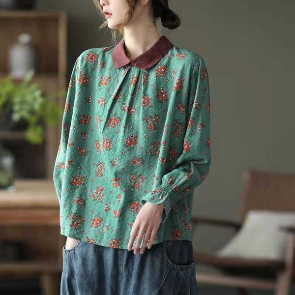 

women's t-shirt arrival summer arts style women loose casual turn-down collar t-shirt floral print flare sleeve cotton linen t shirt w1, White