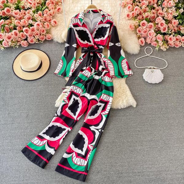 

women's two piece pants yizzhoy spring autumn long sleeve loose waist lace up printed shirt + high wide leg two-piece set, White