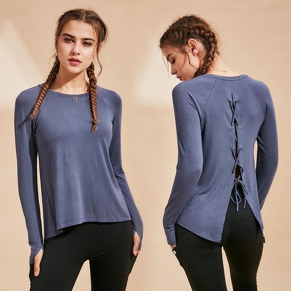

yoga outfit women shirt with adjustable back cross-strap design style fitness loose long sleeve t-shirt gym basketball