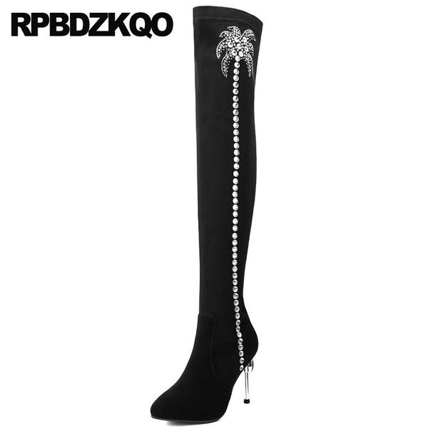 

boots pointed toe suede slim thigh women long big size rhinestone high heel black over the knee diamond stiletto shoes sheepskin