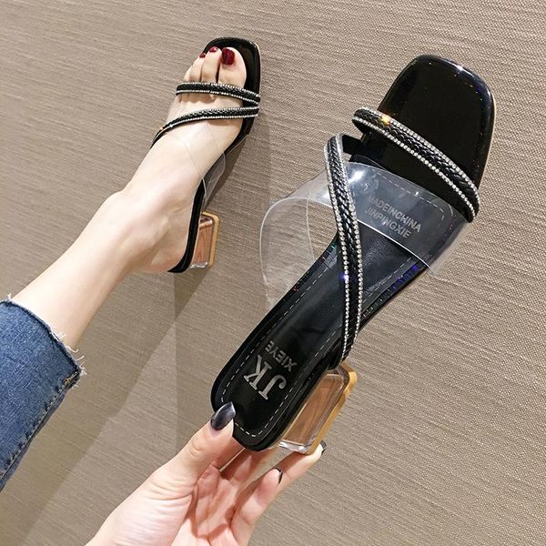 

slippers women's shoes outdoor 2021 summer fashion rhinestone chunky sandals, Black