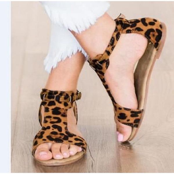 

drop summer flat sandals women leopard buckle strap flock casual comfort shoes female fashion ladies sandalias plus size, Black