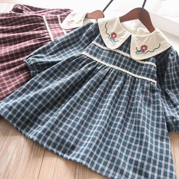 

girl's dresses flower embroidery lapel plaid velvet dress girls wholesale, Red;yellow