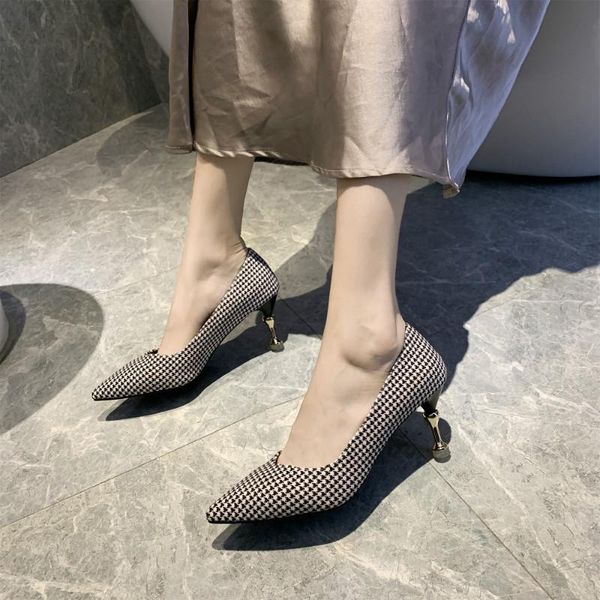 

dress shoes spring autumn woman pointed toe pumps plaided high heels gold women boat zapatos mujer u22-97, Black