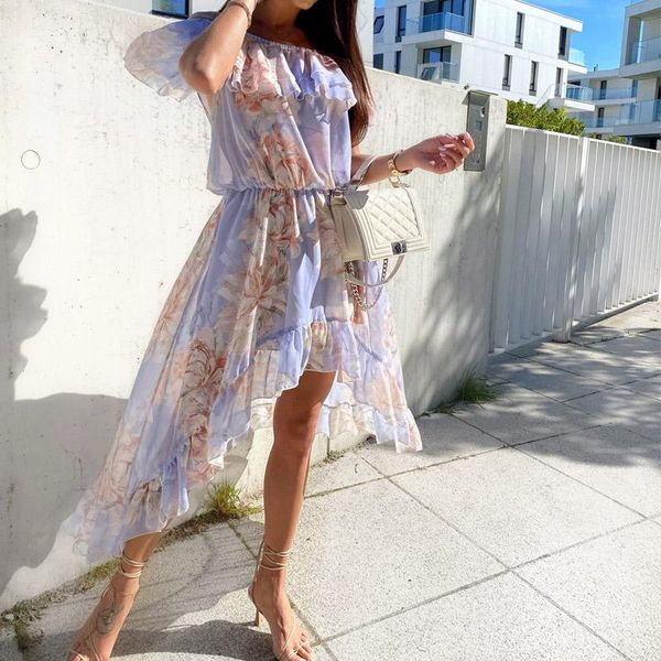 

casual dresses summer off shoulder ruffle irregular dress women elegant floral print party spring elasic waist slim beach vestidos, Black;gray
