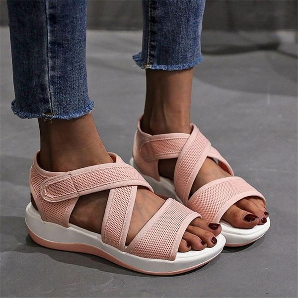 

sandals 2021 summer korean style fashion trend net cloth open toe sports leisure medium heel thick soled women's shoes, Black