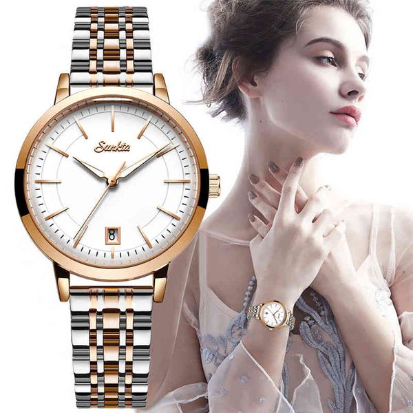Famoso marchio SUNKTA moda di lusso in acciaio fascia metallica orologio da polso in oro rosa per le donne regalo orologi eleganti reloj mujer 210517