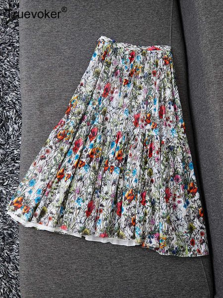 

truevoker autumn runway cotton skirt women's high street fancy flower print mid calf length resort 210602, Black