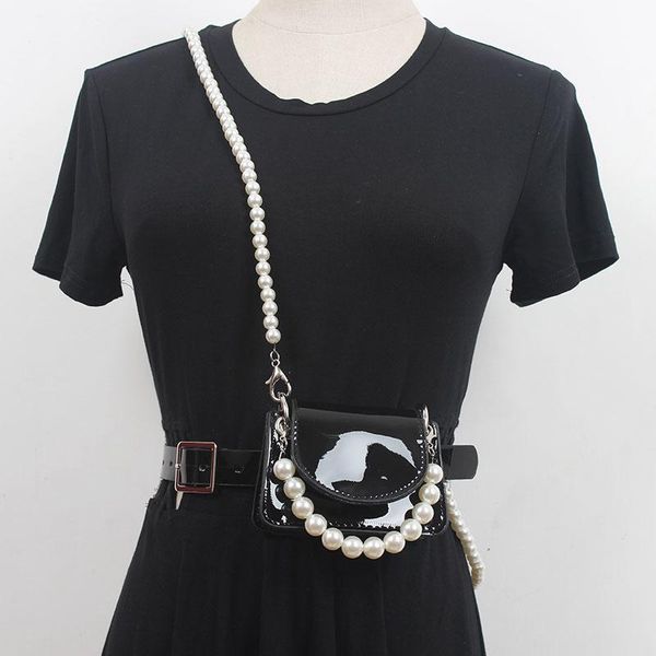 

belts seebeautiful metal pin buckle long man-made pearl chain removable small bag belt woman summer 2021 fashion all match e496, Black;brown