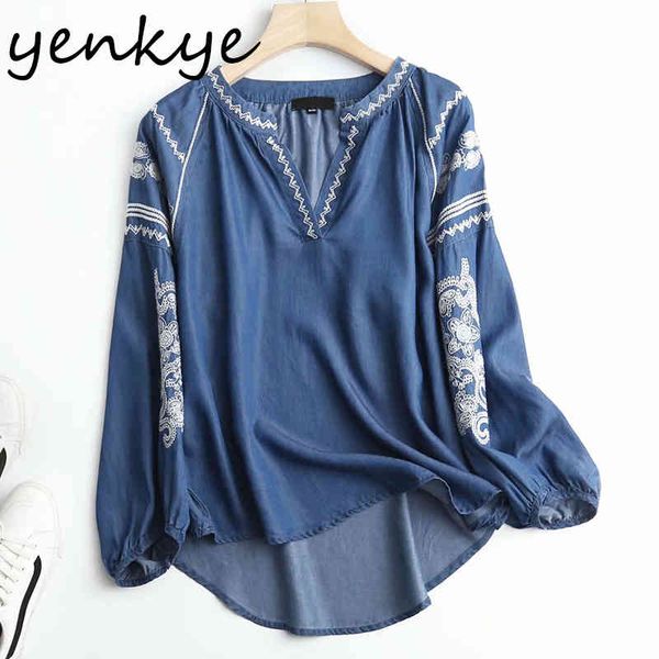 

women vintage blue denim blouse femme lantern sleeve v neck oversize casual summer floral embroidery blusa 210430, White