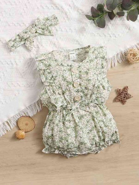 

baby allover floral print button front ruffle trim romper she, Blue