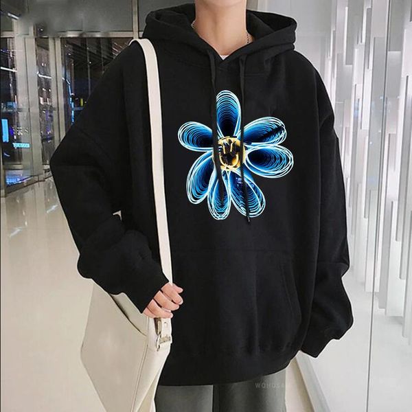

men's hoodies & sweatshirts beautiful blue little daisy flower women pullovers harajuku funny loose casual winter warm oversized, Black