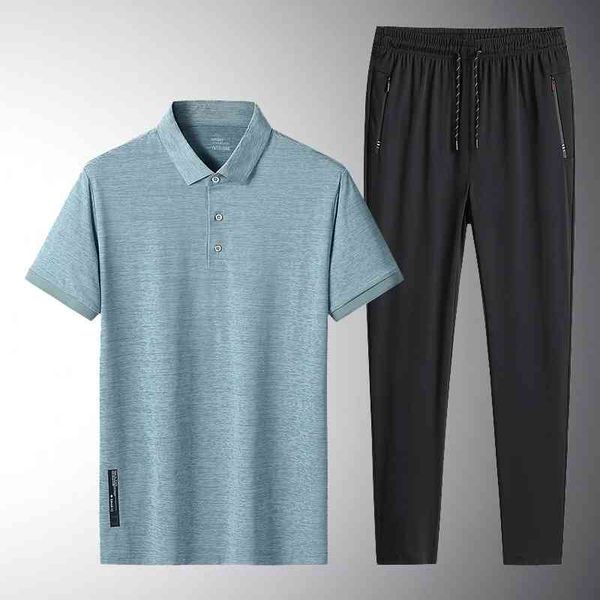 

short sleeve t-shirt middle-aged and elderly men's leisure sports suit ice silk lapel polo shirt + pants dad, Gray