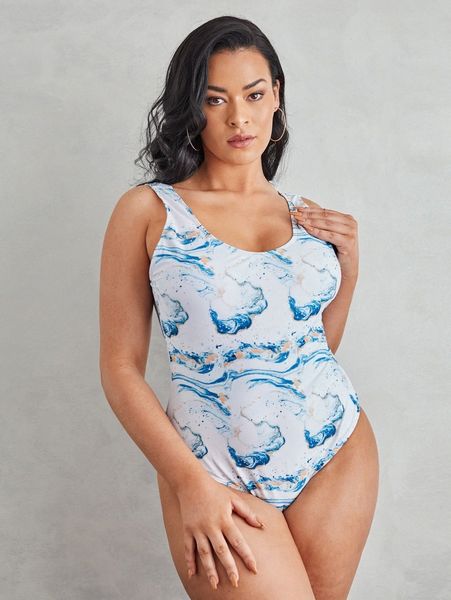 

plus marble print one piece swimsuit a00p#, Black