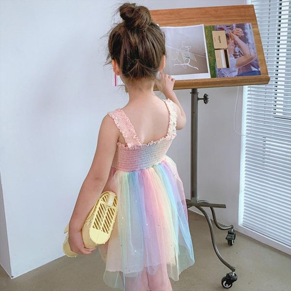 

girls rainbow crumpled mesh girl dresses suspender princess party summer fashion baby kids childrens clothing, Red;yellow