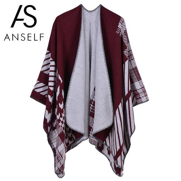 

scarves anself winter coat women poncho scarf houndstooth pattern thick warm shawl vintage female pashmina cloak outerwear, Blue;gray