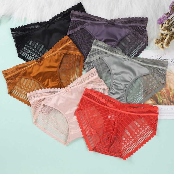 

silk satin lace women's underwear low waist pure cotton crotch ultra thin hip raising briefs transparent, Black;pink