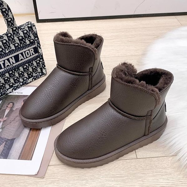 

boots 2021 winter snow waterproof leather thicken plush warm shoes short ankle boot female slip-on round toe black coffee femme