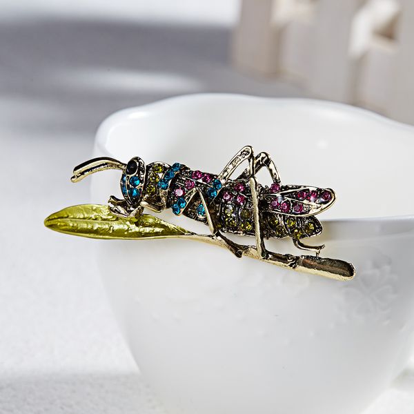 

colorful rhinestone grasshopper brooches for women locust insect brooch green enamel leaf lapel shirt pin collar jewelrydio chan contact, Gray
