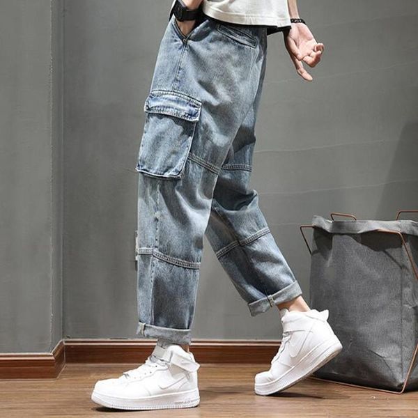 

men's jeans loose men trousers more pocket design casual straight denim pants, Blue