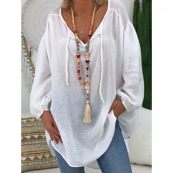 

plus size loose casual ladies blouses 2021 autumn women solid color chiffon v-neck streamer long sleeve shirts 1, White