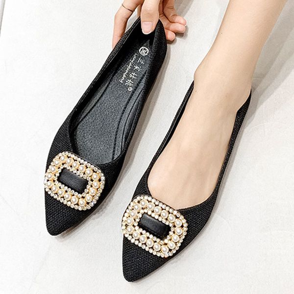 

dress shoes pearl crystal fly weaving moccasins women espadrilles ins beads ballerina pointed toe knitting flats plus size 35-43 6af8, Black