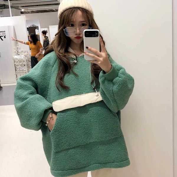 

faux lamb wool hoodies women autumn winter student plus fleece korean style loose lazy fat sister jacket sweatshirt 210526, Black