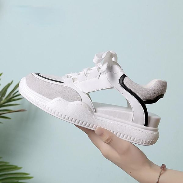 

sandals women genuine leather casual high heel shoes white footwear for summer 2021 flat inner raised toe cap, Black